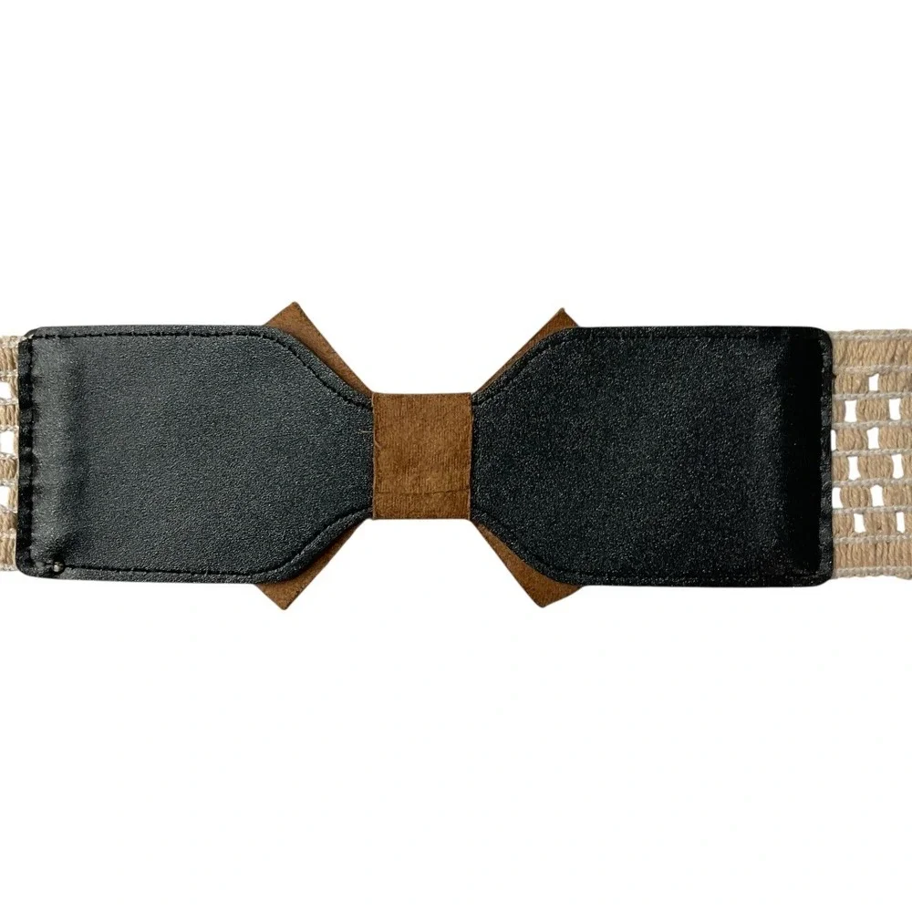 Boho Woven Lacey Waist Belt with Bow Suede Accent‎ Snap Back Stretch Cream Brown